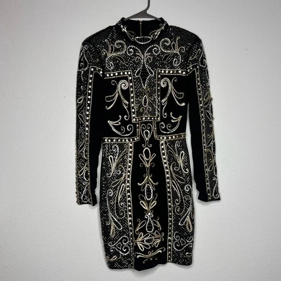 BEBE EMBELLISHMENT BODYCON MINI DRESS LONG SLEEVE BLACK - Picture 3 of 8